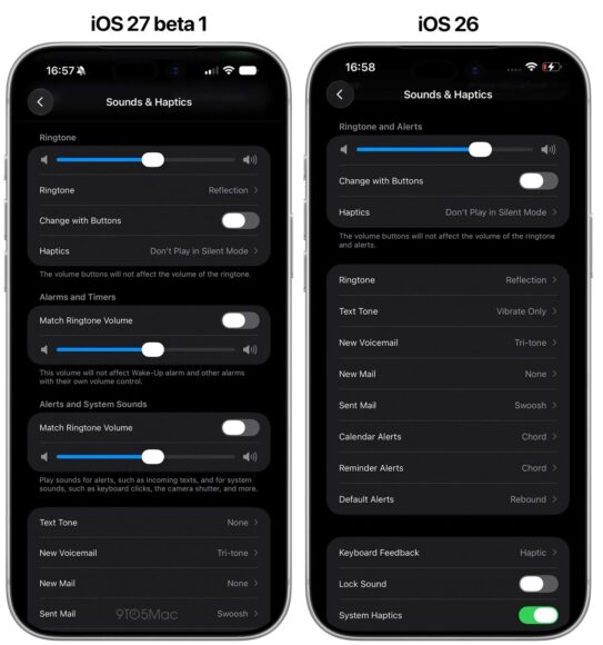 iOS 27 beta 1 音效設置界面 多功能手機音效調整界面,展示鈴聲、震動和.