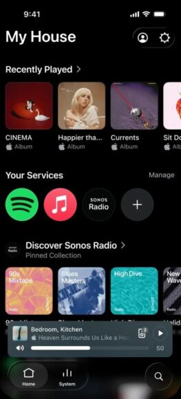 Sonos手機App更新界面 Sonos手機App界面,底部分頁導航與喇叭排序功能.