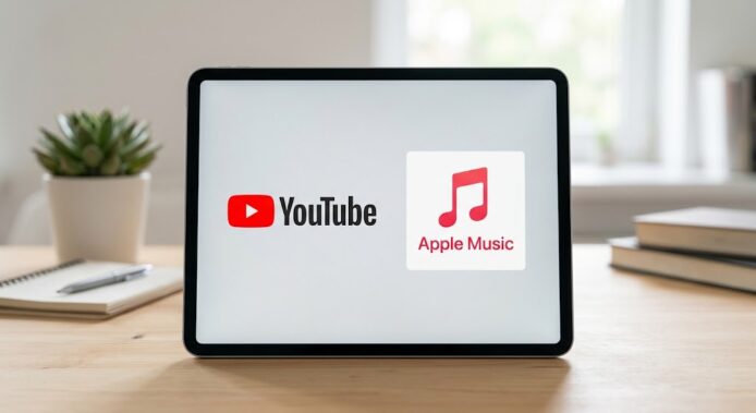 YouTube 與 Apple Music 標誌 平板電腦顯示 YouTube 和 Apple Music 標誌.
