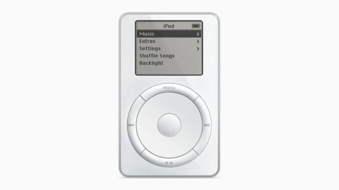iPod 經典播放器回顧 經典 iPod 圖像,黑白螢幕與圓形控制輪.